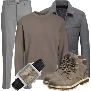 Sport Outfits Business Outfit Herren mit Grauem Sakko und Taupefarbenem Pullover