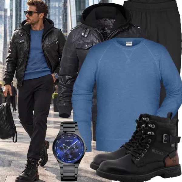 Herbst Outfits Herbst Outfit Herren mit Schwarzer Lederjacke und Blauem Sweatshirt