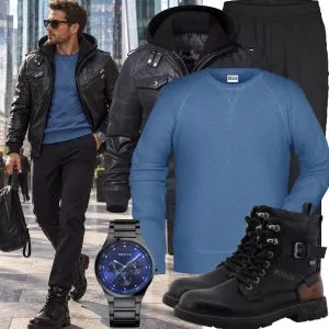 Herbst Outfits Herbst Outfit Herren mit Schwarzer Lederjacke und Blauem Sweatshirt