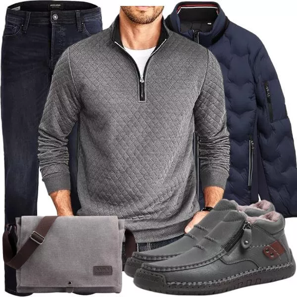 Casual Outfits Casual Outfit Herren mit Marineblauer Steppjacke und Grauem Stepp Zip Pullover