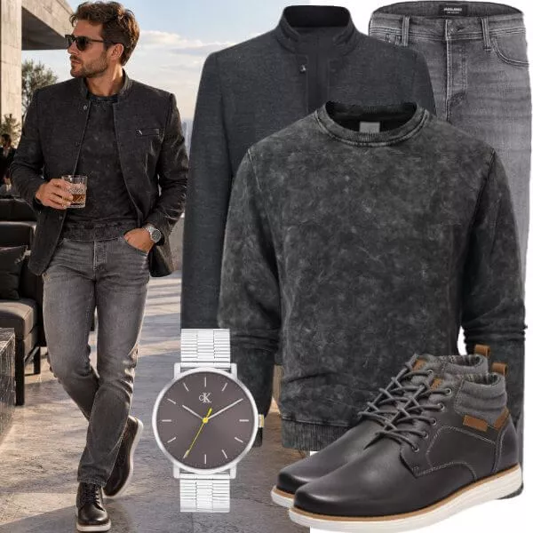 Business Outfits Business Outfit Herren mit Schwarzer Bomberjacke und Dunkelgrauem Pullover