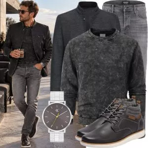 Business Outfits Business Outfit Herren mit Schwarzer Bomberjacke und Dunkelgrauem Pullover