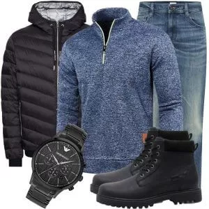 Herbst Outfits Herbst Outfit Herren mit Schwarzer Steppjacke und Blauem Melange Zip Pullover