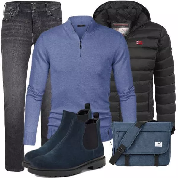 Herbst Outfits Herbst Outfit Herren mit Schwarzer Steppjacke und Blauem Zip Pullover