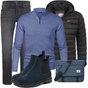 Herbst Outfits Herbst Outfit Herren mit Schwarzer Steppjacke und Blauem Zip Pullover