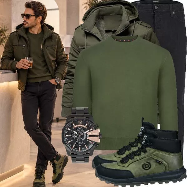 Herbst Outfits Herbst Outfit Herren mit Olivgrüner Jacke und Olivgrünem Hoodie Pullover