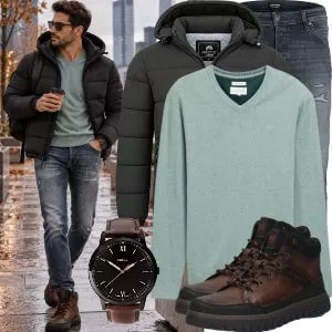 Casual Outfits Casual Outfit Herren mit Schwarzer Steppjacke und Mintgrünem V-Ausschnitt Pullover