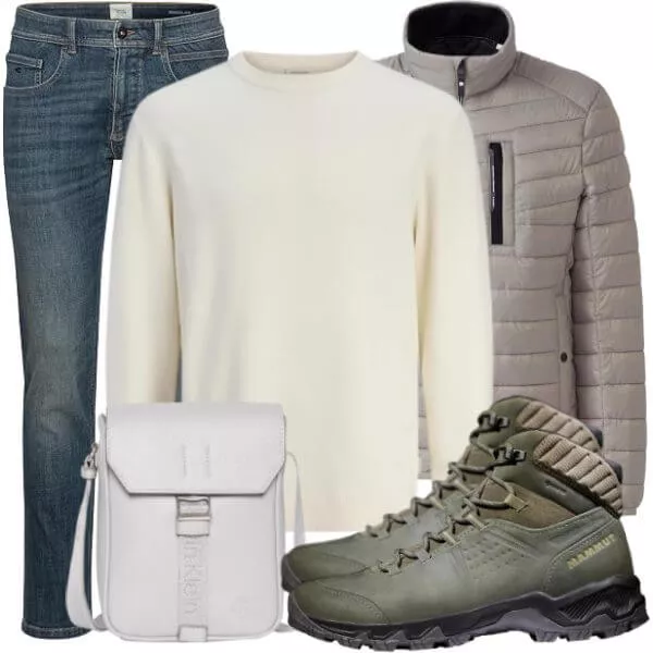 Herbst Outfits Herbst Outfit Herren mit Grauer Steppjacke und Cremefarbenem Pullover