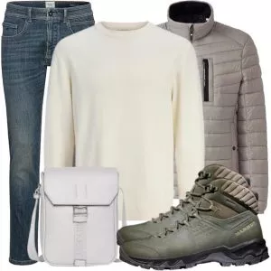Herbst Outfits Herbst Outfit Herren mit Grauer Steppjacke und Cremefarbenem Pullover