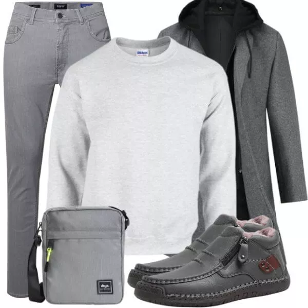 Business Outfits Business Outfit Herren mit Grauem Mantel und Weißem Sweatshirt