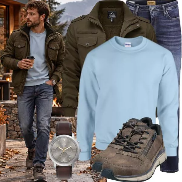 Casual Outfits Casual Outfit Herren mit Olivgrüner Fieldjacket und Hellblauem Sweatshirt