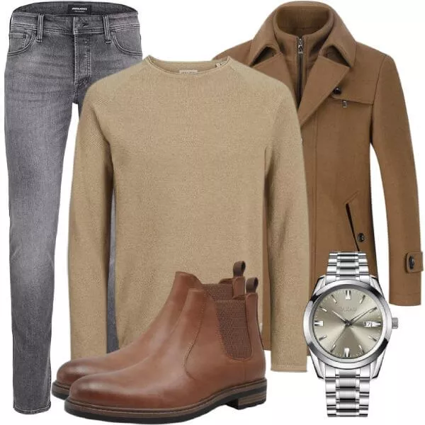 Business Outfits Business Outfit Herren mit Karamellbraunem Mantel und Beigem Pullover