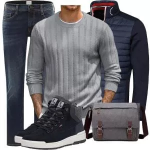 Herbst Outfits Herbst Outfit Herren mit Dunkelblauer Steppweste und Grauem Rippenpullover
