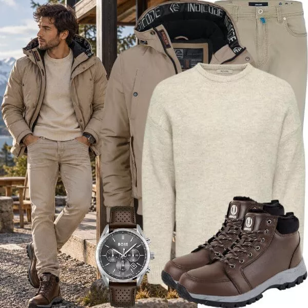 Casual Outfits Casual Outfit Herren mit Indicode Steppjacke und Cremefarbenem Pullover