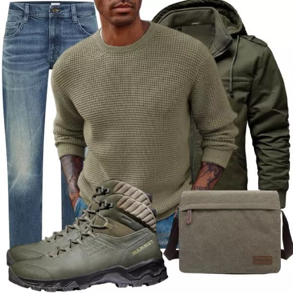 Herbst Outfits Herbst Outfit Herren mit Olivgrüner Parka und Olivgrünem Waffelpullover
