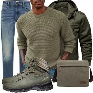 Herbst Outfits Herbst Outfit Herren mit Olivgrüner Parka und Olivgrünem Waffelpullover
