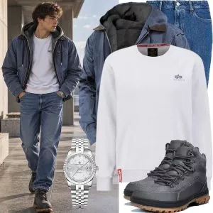 Herbst Outfits Herbst Outfit Herren mit Dunkelblauer Jacke und Weißem Alpha Industries Sweatshirt