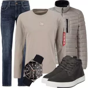 Casual Outfits Casual Outfit Herren mit Grauer Steppjacke und Taupefarbenem Alpha Industries Sweatshirt