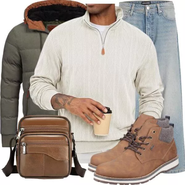 Herbst Outfits Herbst Outfit Herren mit Olivgrüner Steppjacke und Cremefarbenem Zip Pullover