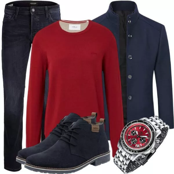 Herbst Outfits Herbst Outfit Herren mit Dunkelblauem Sakko und Rotem Pullover