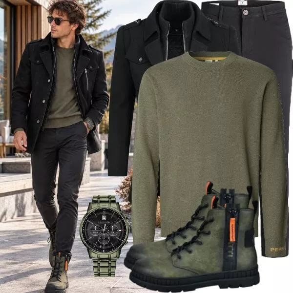 Business Outfits Business Outfit Herren mit Schwarzem Mantel und Olivgrünem Pepe Jeans Pullover