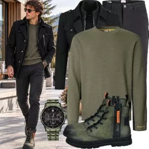 Business Outfits Business Outfit Herren mit Schwarzem Mantel und Olivgrünem Pepe Jeans Pullover