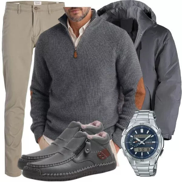 Casual Outfits Casual Outfit Herren mit Grauer Steppjacke und Grauem Waffelstrick Zip Pullover