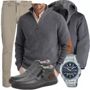 Casual Outfits Casual Outfit Herren mit Grauer Steppjacke und Grauem Waffelstrick Zip Pullover
