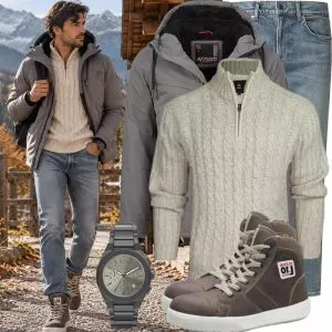 Herbst Outfits Herbst Outfit Herren mit Alessandro Steppjacke und Cremefarbenem Zopf Zip Pullover