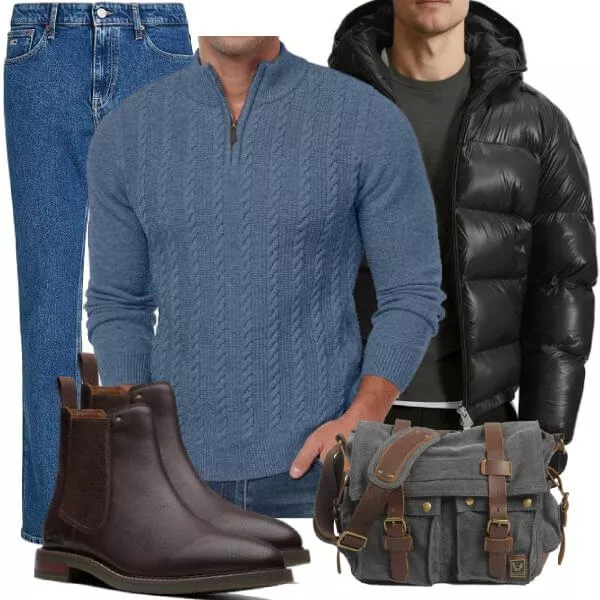 Casual Outfits Casual Outfit Herren mit Schwarzer Glanzjacke und Blauem Zopfstrick Zip Pullover