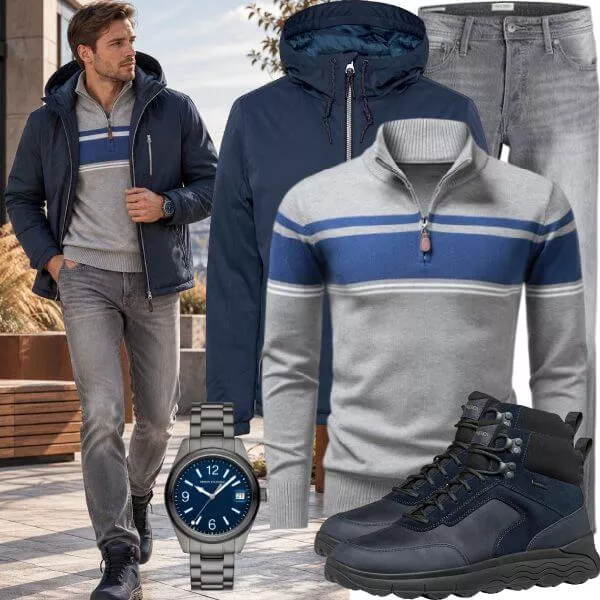 Herbst Outfits Herbst Outfit Herren mit Dunkelblauer Softshell Jacke und Grau Blauem Streifenpullover
