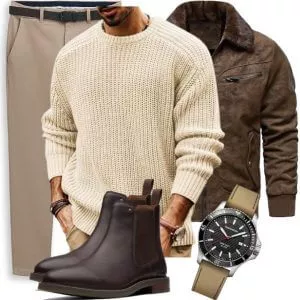 Herbst Outfits Herbst Outfit Herren mit Brauner Lederjacke und Cremefarbenem Waffelstrickpullover