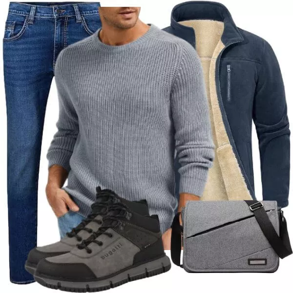 Casual Outfits Casual Outfit Herren mit Blauer Fleece Jacke und Grauem Rippenpullover
