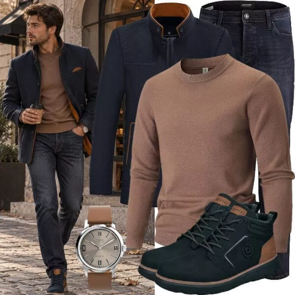 Business Outfits Business Outfit Herren mit Dunkelblauem Sakko und Taupefarbenem Pullover