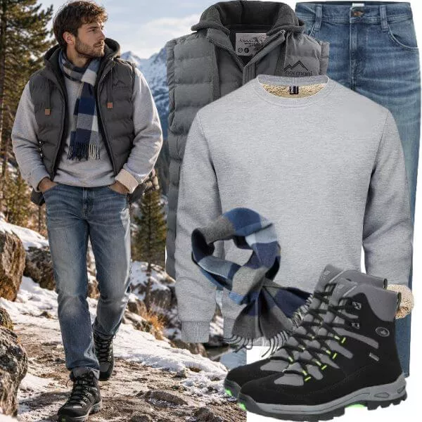 Herbst Outfits Herbst Outfit Herren mit Grauer Steppweste und Grauem Sweatshirt