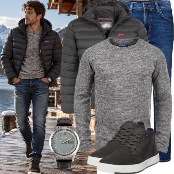 Herbst Outfits Herbst Outfit Herren mit Schwarzer Steppjacke und Grauem Melange Pullover