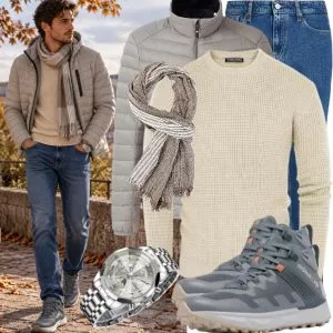 Winter Outfits Winter Outfit Herren mit Leichter Steppjacke und Cremefarbenem Waffelstrickpullover