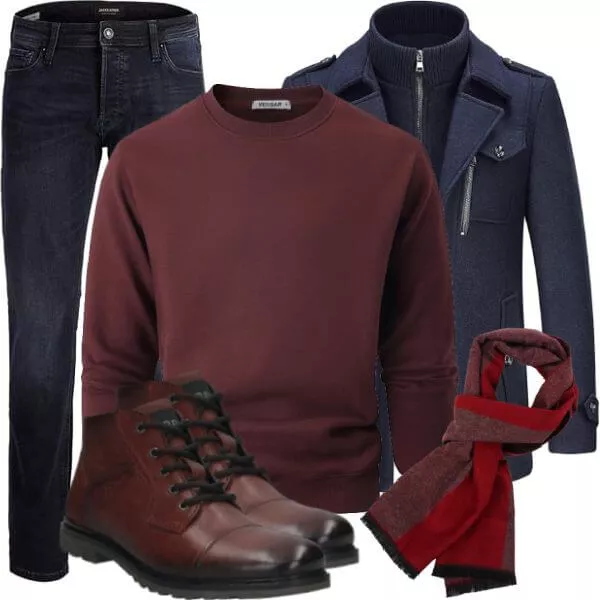 Winter Outfits Winter Outfit Herren mit Marineblauem Wollmantel und Bordeaux Sweatshirt
