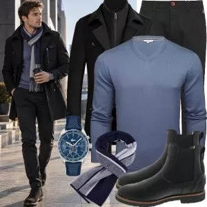 Business Outfits Business Outfit Herren mit Schwarzem Wollmantel und Blauem V-Ausschnitt Pullover