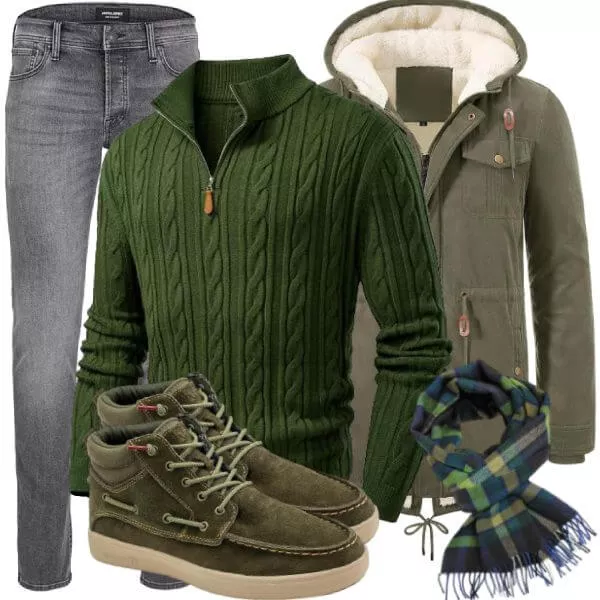 Winter Outfits Winter Outfit Herren mit Olivgrüner Parka und Grünem Zopfstrick Zip Pullover