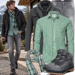 Business Outfits Casual Outfit Herren mit Grauem Wollmantel und Grün Kariertem Hemd