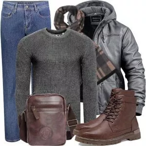 Winter Outfits Winter Outfit Herren mit Grauer Lederjacke und Dunkelgrauem Strickpullover
