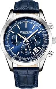 Stuhrling Uhren Stuhrling Original Herren-Armbanduhr, Chronograph, analog, blaues Zifferblatt mit Datum, Tachymeter, 24-Stunden-Unterzifferblatt, blaues Lederarmband, Uhren für Herren, Rialto-Kollektion