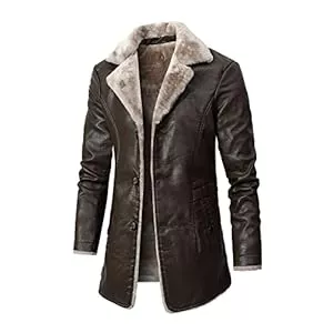 Generic Mäntel Herren Vintage Ledermantel Herren Lange Kunstlederjacke Winter Pu Mantel mit Pelzkragen Dicke Trenchcoat Winter Jacke Herrenmantel mit Fellkragen Business Kurzmantel Mantel