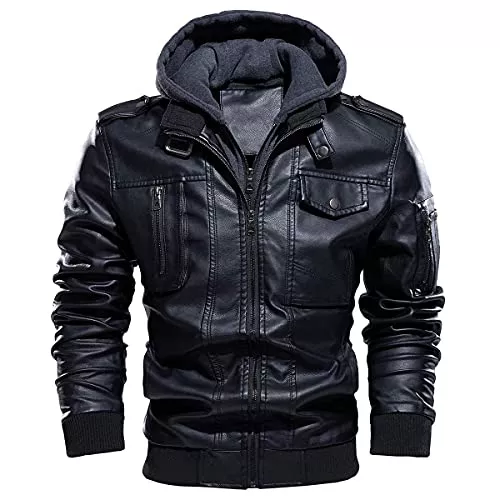 CARWORNIC Jacken CARWORNIC Herren Kunst-Lederjacke Bomberjacke Vintage Übergangsjacke Bikerjacke Herrenjacke Winter Freizeitjacke mit Abnehmbarer Kapuze