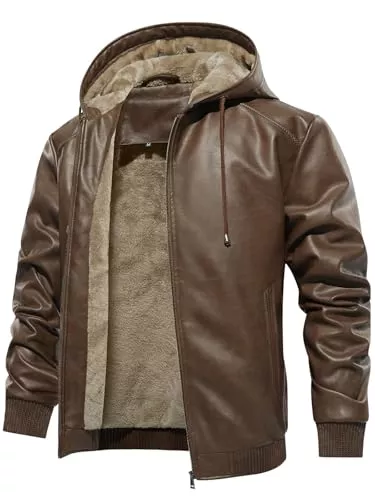 Uusollecy Jacken Uusollecy Winterjacke Herren Lederjacke Warm Gefüttert Kunstlederjacke Mit Kapuze, Winddicht Outdoor Motorradjacke Mit Reißverschluss