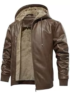 Uusollecy Jacken Uusollecy Winterjacke Herren Lederjacke Warm Gefüttert Kunstlederjacke Mit Kapuze, Winddicht Outdoor Motorradjacke Mit Reißverschluss