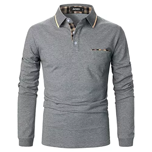 AIOIDI Poloshirts AIOIDI Baumwolle Herren Plaid Poloshirt Langarm Basic Tennis Polohemd Polo