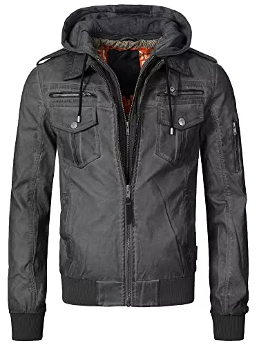 Indicode Jacken Indicode Herren Aaron Lederjacke mit abnehmbarer Kapuze | Kunstlederjacke Übergangsjacke