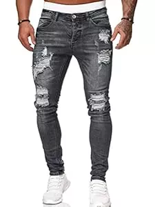 Osheoiso Jeans Osheoiso Herren Destroyed Stretch Jeans Coole Schwarze Mode Jeans Skinny Ripped Slim Fit Hip Hop Hose Mit Löchern Für Männer Reißverschluss Jeans Party Freizeithose